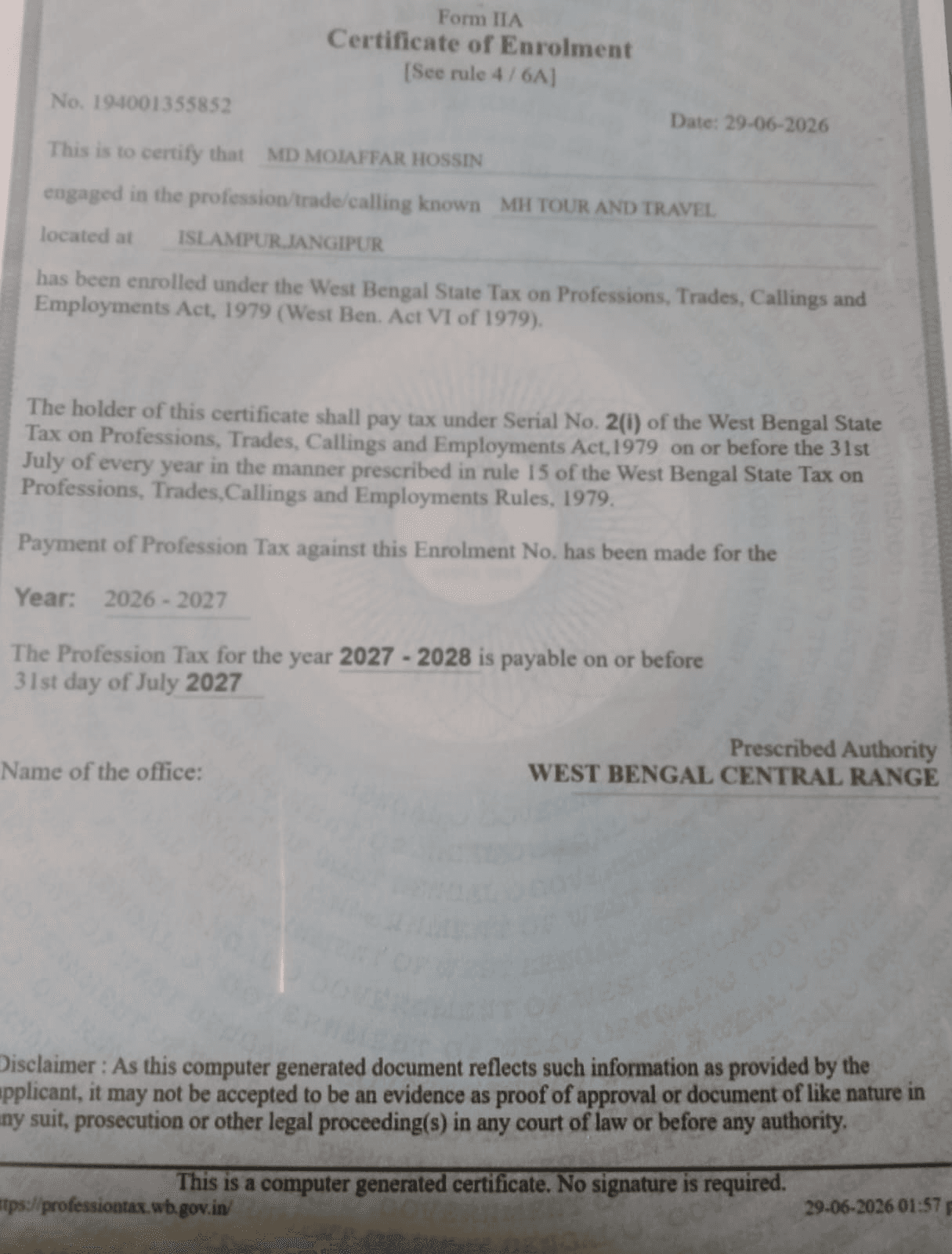 Profession Tax Enrolment Certificate