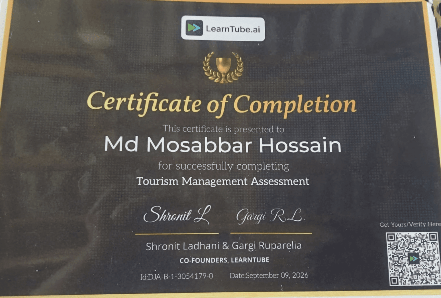 Tourism Management Certified Certificate